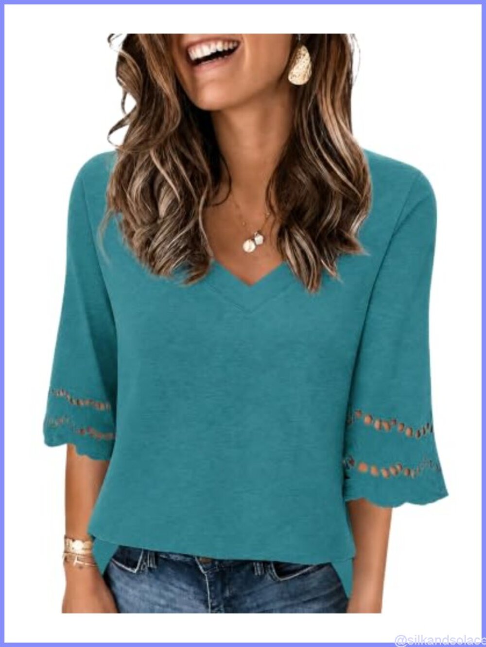 Womens V Neck 3/4 Lace Sleeve Loose Fit T Shirt Blouse